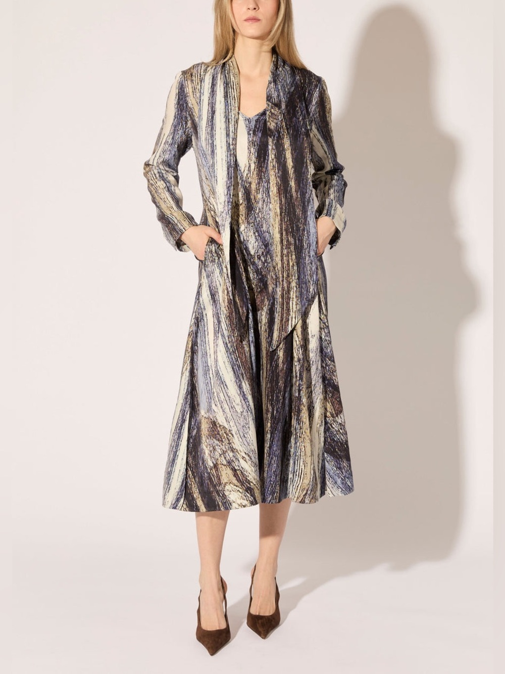 Hilton Hollis Granite Abstract Print Cupro Cotton Blend Tie-Neck Midi Dress Sm